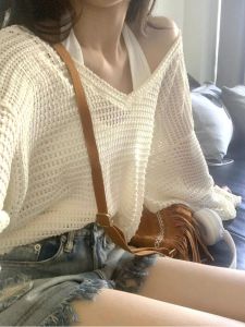 Summer Thin Hollow out Long Sleeve Knitwear Womens Lazy Style Design V-Neck Sun Protection Cover up + Halter Top Korean Version