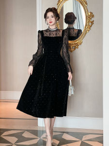 Elegant Black Velvet A-Line Dress Hepburn Style Womens Dress Spring Autumn Winter Soft Comfortable Long Sleeve round Neck Dress
