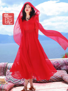 Red Maxi Skirt Womens Summer New Beach Skirt Desert Travel Photography Qinghai Lake Large Swing Fairy Tale Long Skirt