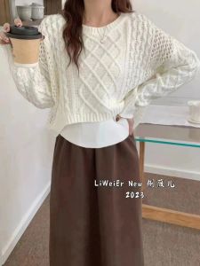 Soft Sweater Womens Lazy Knitted Shirt Two-Piece Set Vintage Style Comfortable Fit Long Sleeve round Neck Pure Color Autumn Wear