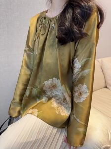 New Chinese Style National Trend Retro Print Womens Shirt Spring 2024 Early Season Fresh Style High Waist Slimming Effect