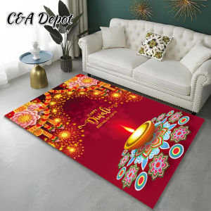 [Deepavali Decorations]Unique Design 3D Carpets For Living Room Happy Deepavali Floor Mat Indian  Rangoli Kolam Diwali Festival Crystal Velvet Rug Anti-slip Kitchen Entrance Door Mat Home Decor 50x80cm / 80x160cm