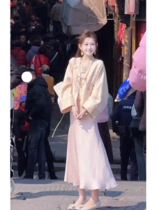 Elegant Chinese Style Three-Piece Set Womens Spring 2025 Long Sleeve V-Neck A-Line Skirt And Strapless Jacket High Waist