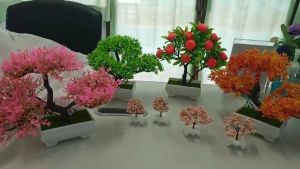 Cây Giả Cây Bonsai Có Hoa Rực Rỡ Kèm Chậu - Hoa giả trang trí để bàn làm chậu bông để bàn Cây xanh mát nhà