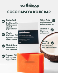 Earth & Coco Premium Coconut & Papaya Kojic Bar Soap with Glutathione for Brightening & Exfoliating 135g