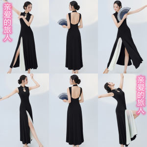 Black High Elasticity Slit Modern Dance Performance Cheongsam Practice Costume Retro Style Single Piece Summer Dress for Women