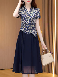 MAIMEI | ชุดเดรสผ้าชีฟองหรูหราสำหรับฤดูร้อน ชุดสองชิ้นปลอมสุดเก๋สำหรับคุณแม่ ชุดแฟชั่นแบรนด์เนม กระโปรงทรงเอ แขนสั้น เอวสูง