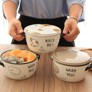 Cute Cat Ceramic Noodle Bowl with Lid Creative Personalized Microwave Safe Home Dormitory Convenient Dining Bowl