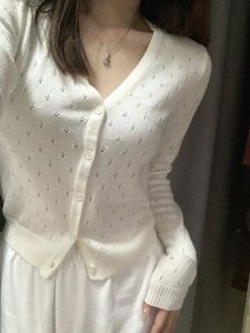 Brandy Hollow Out Knitted คอวี คาร์ดิเกน ป้องกันแสงแดดแบบบางปรับอากาศ ผู้หญิง แขนยาว เสื้อสเวตเตอร์ เสื้อโค้ท