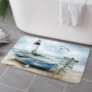 VIKAMA Non-slip Coastal Bath Mat Lighthouse Sailboat Absorbent Quick Dry Soft Flannel for Bathroom Shower Home Decor