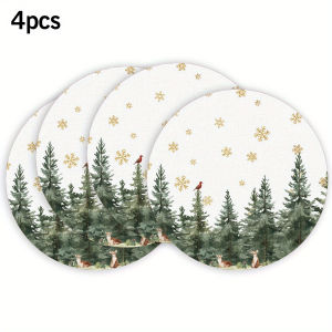 VIKAMA 4PC Forest Snow Scenery Meal Mat Pine Tree Snowflake Deer Dining Table Restaurant Christmas Party Decoration