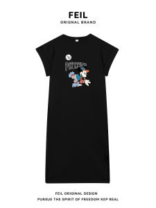 ชุดเดรสแขนพองพิมพ์ลายสีดำสำหรับฤดูร้อน ทรงหลวม แขนสั้น คอตั้ง กระโปรงทรงเอ ผ้าฝ้ายผสม ความยาวปานกลาง แขนสั้น คอตั้ง