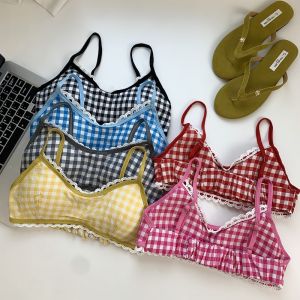 เสื้อกั๊กผ้าชั้นในลายสก็อตลูกไม้ระบายอากาศสบายสำหรับเด็กผู้หญิง ช่วงวัยเติบโต นักเรียนมัธยมปลาย น้ำหนักเบา ดีไซน์หลังเปิด แขนกุด