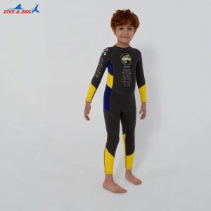 (แถมหมวก) ชุดว่ายน้ำเด็กชาย เก็บอุณหภูมิ 2.5MM L.เทาเหลือง-ยาว