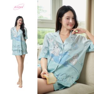 Bộ Pijama Lụa Nữ Tay Ngắn Ocean Chase Màu Xanh Biển - Đồ Ngủ Pyjama Thiết Kế Sang Trọng ELRever - 0526S011
