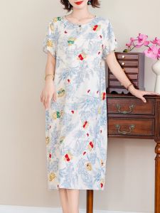 Elegant Cotton Silk Dress for Middle-Aged Mothers Summer Fashion Shanghai High-End Midi Dress Floral Print Gathered Waist Short Sleeve