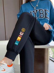 Black Fleece Lined Loose Fit Womens Sport Pants Autumn Winter Street Style High Waist Trousers Casual Slimming Sweatpants