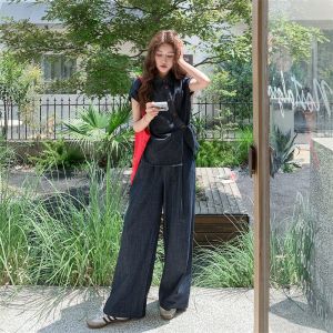 Summer Wide Leg Jeans Womens Two-Piece Set Trendy Casual Fashionable Short Sleeve Button PoLo Neck Cool Looking Pantsuits