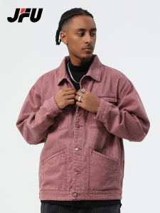 แจ็คเก็ตยีนส์ทรงหลวมสำหรับผู้ชาย สีแดงไวน์ ทรงลำลอง ฤดูใบไม้ร่วง/ฤดูหนาว แจ็คเก็ตยีนส์ทรงเข้ารูปสไตล์อเมริกันแบบย้อนยุคสำหรับผู้ชาย