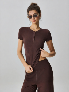 MITAOGIRL | Pure Color Moisture Wicking Slim Fit Henry Collar Yoga T-Shirt