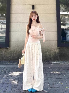 Quần Ống Rộng Ống Đứng Mỏng Cạp Cao in Hình Mèo Thường Ngày Mùa Hè Phong Cách Hàn Quốc Giản Dị Đa Năng Thoải Mái