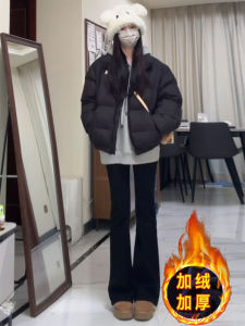 กางเกงยีนส์ทรงขาบานเอวสูงผ้ากำมะหยี่สีดำสำหรับผู้หญิง ฤดูใบไม้ร่วง/ฤดูหนาว กางเกงขายาวทรงสลิมฟิต ทรงหลวม สไตล์อเมริกัน