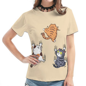 Womens Beige Short-Sleeve Tee - Playful Cartoon Cat Graphic Print Cute Animal Design Casual Top Stylish Daily Wear