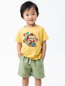 Summer Cartoon Monkey Half Sleeve Pure Cotton T-Shirt for Boys And Girls Baby Clothes Loose Fit round Neck Short Sleeve Tops