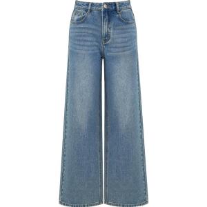 TAMMY TANGS | Blue Crystal Rhinestone Decorated Denim Pants High Waist Straight Leg Wide Leg Pure Cotton Womens Jeans Casual Wear