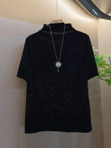 Casual High Collar Short Sleeve Shiny Diamond All over the Sky plus Size Korean Style Autumn Winter Versatile Slimming Leisure Base Shirt