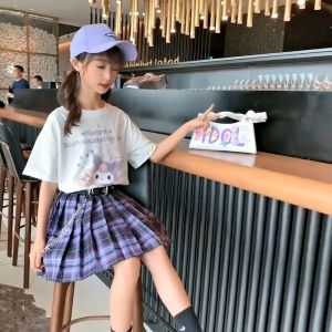 ZANRA Baju Kanak Perempuanjk Uniform Full Sets For Girls Kuromi T-Shirt & Skirt Set Short Sleeved Skirt With Belt Kids Summer Clothes Childrens Skirt
