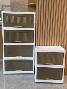 SaveMall Lemari Penyimpanan Pakaian Locker Kotak Penyimpanan Flip Putih Lemari Lipat dengan Laci Lemari Plastik Beroda