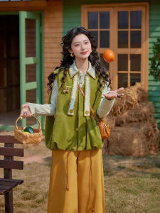 XUECAIQI | Youthful Style Retro Patchwork Shirt Vest Trousers Set