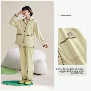 yuenei | Bộ đồ ngủ lông cừu dày cho cặp đôi mùa thu đông quần dài tay áo cardigan cổ bẻ nhỏ màu trơn polyester 95% spandex 5%