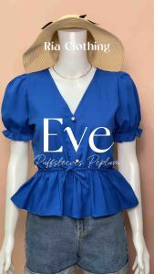 Eve Puff Sleeves Vneck Peplum Button Blouse Korean Trendy Top Casual Women Outfit Small to Medium
