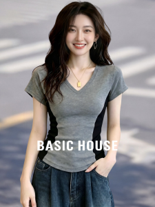 Basic House | Grey Cotton V-Neck Short Sleeve Slim Fit Tee