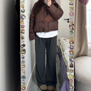 กางเกงขายาวทรงหลวมสีเทาเข้มสำหรับผู้หญิง ทรงเอฟเฟกต์ลูกแพร์ กางเกงขายาวทรงหลวมสไตล์ลำลอง ฤดูใบไม้ผลิและฤดูใบไม้ร่วง