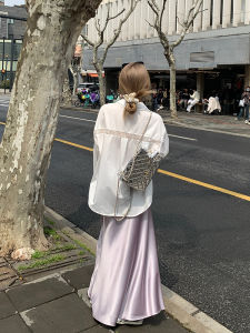 Lin Chuyi Purple Asymmetric Hem A-Line Fish Tail Skirt Womens Summer Long Skirt Draping to Ankle Slimming Satin Acetate