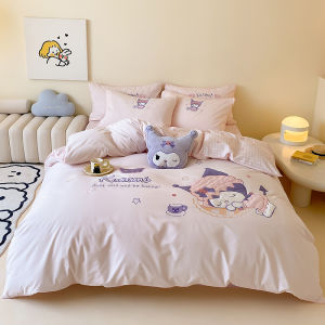 Pure Cotton Childrens Bedding Set Cute Hello Kitty Embroidery Washed Bedding Three-Piece Set Soft Cotton Sheets for Girls