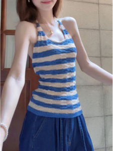 YUEZHONGWEI | Blue V-neck Striped Knitted Tube Top Women Summer Slim Fit Short Sleeveless Vest Open Back Outerwear Casual Fashion Style
