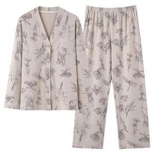 MiiOW | ชุดนอนผู้หญิงผ้าฝ้ายแท้ 100% แขนยาว ฤดูใบไม้ผลิและฤดูใบไม้ร่วง ชุดอยู่บ้านแบบลำลอง ใส่กลางแจ้งได้ มีแผ่นเสริมหน้าอก