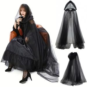 Halloween Hooded Cape Elegant Sheer Mesh Cloak with Adjustable Drawstring Ghost Costume for Cosplay Festival Themed Party 185cm