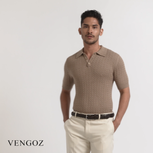 VENGOZ Polo Shirt Rajut Pria Premium - Mens Cable Knit Cotton Polo Light Brown