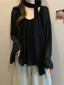 SHIMANQING | Elegant Black Halter Neck Ribboned Chiffon Blouse