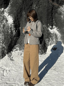 Retro Khaki High Waist Wide Leg Casual Pants Womens Loose Straight Long Trousers Spring Season Versatile Casual Trousers