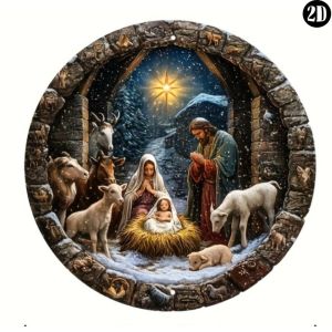 Nativity Story Metal Wall Art 8x8 Inch Round Aluminum Sign Jesus Christmas Home Decor