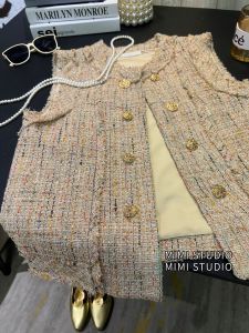 Ladies New Style Coarse Tweed Vest round Neck French Style Layering Shirt Outerwear Original Design Button Pocket Fringe