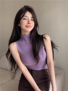 เซ็กซี่ครึ่งคอสูงถักเสื้อกั๊กผู้หญิง SLIM FIT ชุดชั้นใน Tank Top สําหรับฤดูร้อน I-Shaped เสื้อผ้าทํางาน