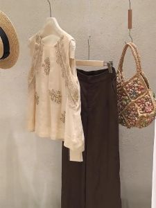 DANTING | Elegant Embroidery Beige Vest and Wide Leg Pants Set
