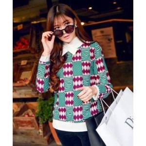 CFBOUTIQUE Korea Ribbon Collar Geometric Knit Long Sleeve Top
